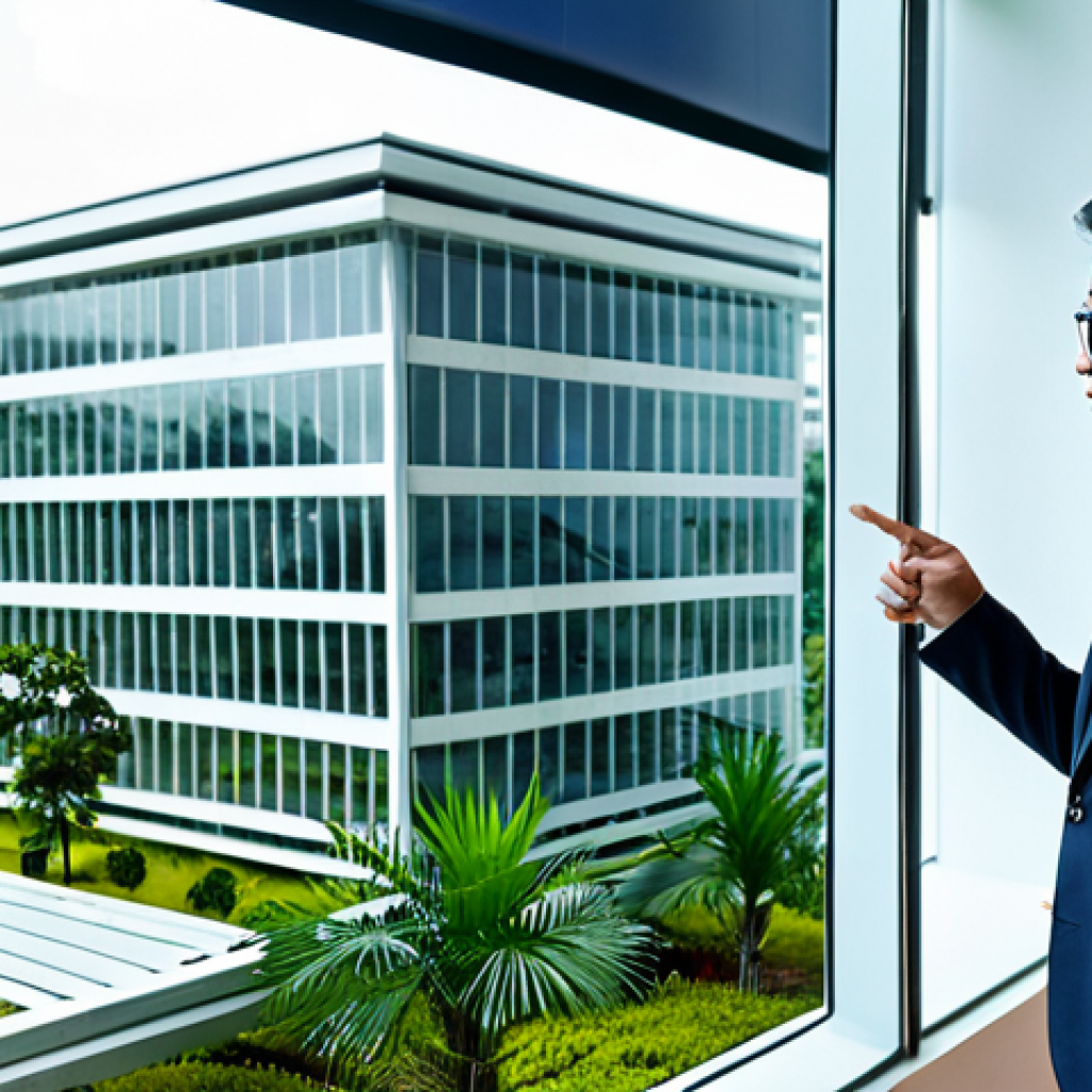 A professional Malaysian architect, fully clothed in a modest business suit, stands in a futuristic, bright modern office, actively pointing at a large, interactive 3D architectural model displayed on a transparent screen. The model showcases a complex building design with integrated structural and MEP elements. Subtle tropical plants are visible through a large window, suggesting the Malaysian context. This image features professional photography, high detail, perfect anatomy, correct proportions, natural pose, well-formed hands, proper finger count, natural body proportions, safe for work, appropriate content, fully clothed, and professional attire.