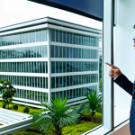 A professional Malaysian architect, fully clothed in a modest business suit, stands in a futuristic, bright modern office, actively pointing at a large, interactive 3D architectural model displayed on a transparent screen. The model showcases a complex building design with integrated structural and MEP elements. Subtle tropical plants are visible through a large window, suggesting the Malaysian context. This image features professional photography, high detail, perfect anatomy, correct proportions, natural pose, well-formed hands, proper finger count, natural body proportions, safe for work, appropriate content, fully clothed, and professional attire.
