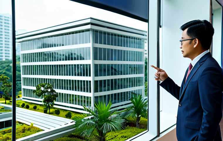 A professional Malaysian architect, fully clothed in a modest business suit, stands in a futuristic, bright modern office, actively pointing at a large, interactive 3D architectural model displayed on a transparent screen. The model showcases a complex building design with integrated structural and MEP elements. Subtle tropical plants are visible through a large window, suggesting the Malaysian context. This image features professional photography, high detail, perfect anatomy, correct proportions, natural pose, well-formed hands, proper finger count, natural body proportions, safe for work, appropriate content, fully clothed, and professional attire.