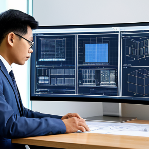 Home 6 A focused Malaysian architect engineer, fully clothed in a modest business suit, intently studying detailed architectural blueprints and digital schematics displayed on a large monitor showcasing complex Building Information Modeling (BIM) data. The setting is a bright, modern office workspace, filled with neatly organized professional books and technical drawings on a sleek desk. The scene conveys a sense of deep concentration, technological proficiency, and commitment to continuous professional development. safe for work, appropriate content, fully clothed, professional, perfect anatomy, correct proportions, natural pose, well-formed hands, proper finger count, natural body proportions, high-quality, studio lighting.