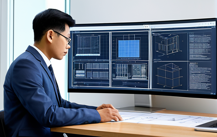 A focused Malaysian architect engineer, fully clothed in a modest business suit, intently studying detailed architectural blueprints and digital schematics displayed on a large monitor showcasing complex Building Information Modeling (BIM) data. The setting is a bright, modern office workspace, filled with neatly organized professional books and technical drawings on a sleek desk. The scene conveys a sense of deep concentration, technological proficiency, and commitment to continuous professional development. safe for work, appropriate content, fully clothed, professional, perfect anatomy, correct proportions, natural pose, well-formed hands, proper finger count, natural body proportions, high-quality, studio lighting.